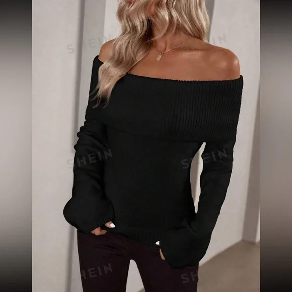 Off Shoulder Foldover Ribbed Knit Sweater - Picture 4 of 8